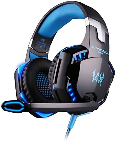 EACH G2000 PC Game Headset, Mowon 3.5mm Stereo Earphone LED Lighting Gaming Over-Ear Headphone Headband with Mic Volume Control &amp; Noise Canelling for PC Computer Game, Blue