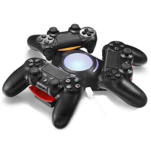 Megadream® Portable Triangle 3 PS4 Controller USB Charger Docking Charging Station Stand with Non-slip Mat & Blue LED Light, Synchronous Charging Dock for Sony PlayStation 4 DualShock – Black
