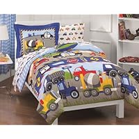 Trucks Tractors Cars Boys Blue and Red 5 Piece Twin Comforter Set