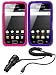 SAMSUNG GALAXY ACE S5830 TWIN PACK HOT PINK AND PURPLE SILICONE CASE / COVER WITH CAR CHARGER