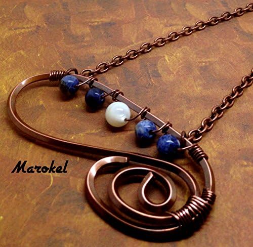 Oval Curve Wire Necklace Square Wire Oxidized Copper Speckled Blue Abstract