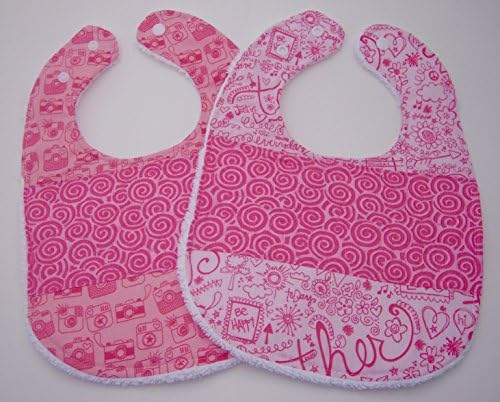 Baby/Toddler Girl Bibs - Set of Two. Adorable Cameras, Text/Doodle, and Swirls Extra Absorbent, Double Snap Closure, Lightly Quilted.