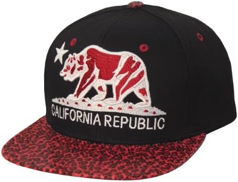 California Bear Republic Leopard Print Flat Bill Snapback (Black/Red)