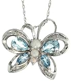 10k White Gold 18 Chain & 3/4 (19mm) tall Butterfly Pendant, w/ Diamonds, Blue Topaz Stones & Fire Opal Beads