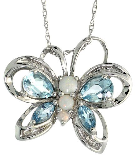10k White Gold 18 Chain & 3/4 (19mm) tall Butterfly Pendant, w/ Diamonds, Blue Topaz Stones & Fire Opal Beads