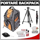 Portare' Multi-Use Laptop/iPad/Digital SLR Camera Backpack Case (Gray/Orange) with 57 Photo/Video Tripod + Cleaning Kit for Canon EOS 7D, 5D Mark II III, 60D, Rebel T3, T3i, T2i Digital SLR Cameras