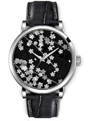 SPRAWL Aanalog Fashion Series Silver Ladies Watches of Genuine Black Leather Strap,Unique Wrist Watch for Women Girls Designed with white Flowers