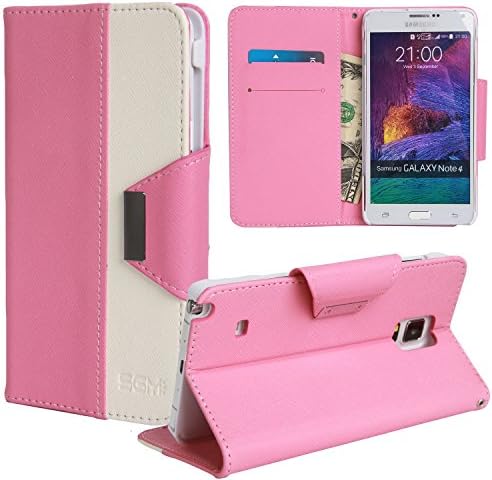 Note 4 Case, Galaxy Note 4 Wallet Case - SGM (TM) Stylish PU Leather Wallet Stand Case For Samsung Galaxy Note 4 With Slots For Cash, Cards and IDs (Pink + White)