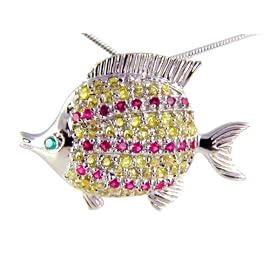 Quality 925 Sterling Silver Tropical Fish Pendant AND Pin with 72 Brilliant Prong-Set CZs, on 18 Inch Chain
