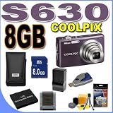 Nikon Coolpix S630 12MP Digital Camera w/7x Optical VR Zoom (Royal Purple) BigVALUEInc Accessory Saver 8GB EL12 Battery/Charger Bundle