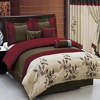 Pasadena Burgundy King size Luxury 11 piece Comforter set includes Comforter, sheets, skirt, Throw Pillows, Pillow Shams by Royal Hotel