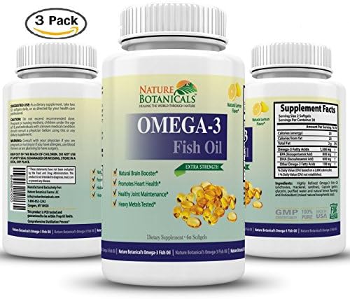 Omega-3 Fish Oil - (180 SOFTGELS) Extra Strength - 1500 mg Omega 3 Fatty Acids - 800 mg EPA - 600 mg DHA - Natural Lemon Flavor (3 BOTTLES)