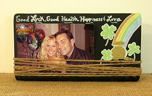 Handmade Chalkboard style St. Patrick's Day Wood Block Frame with four leaf clover, rainbow and pot of gold
