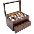 Vintage Wood Clear Glass Top Watch Box Display Storage Case Chest Holds 20+ Watches With Adjustable Soft Pillows and High Clearance for Larger Watches