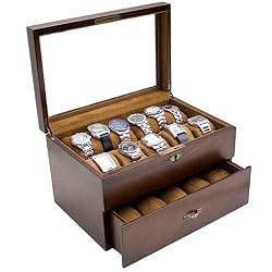 Low price Vintage Wood Clear Glass Top Watch Box Display Storage Case Chest Holds 20 Watches With Adjustable Soft Pillows and High Clearance for Larger Watches