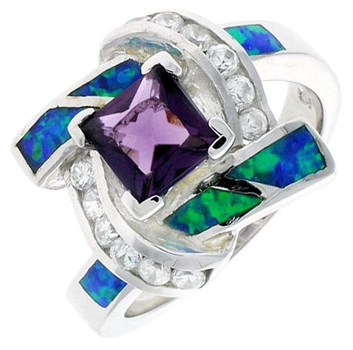 Sterling Silver, Synthetic Opal Inlay Knot Ring, w/ Princess Cut Amethyst CZ & Brilliant Cut CZ stone Accents, 5/8