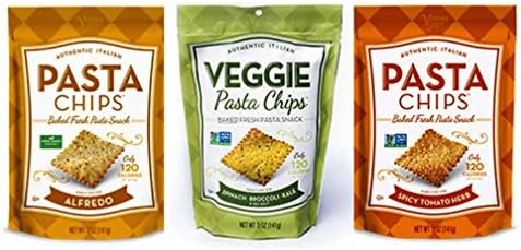 Vintage Italia Authentic Italian Baked Fresh Pasta Chips 3 Flavor Variety Bundle: (1) Authentic Italian Spicy Tomato Herb Baked Pasta Chips, (1) Authenic Italian Alfredo Baked Pasta Chips, and (1) Authentic Italian Spinach Broccoli Kale &amp; Sea Salt Baked Pasta Chips, 5 Oz. Ea. (3 Bags Total)