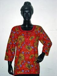 Designer Red Cotton Floral Print Tunics Womens Shirts Tops Kurtis S
