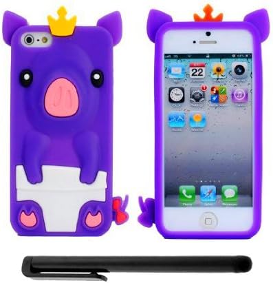 Apple iPhone 5 / 5S (New 4G LTE for All Carrier) 3D Purple Crowned Baby Pig Premium Design Flex Skin Cover Case + Bonus Black Capacitive Stylus + LONG ARCH 5.5 inch Light Blue Screen Cleaning Cloth