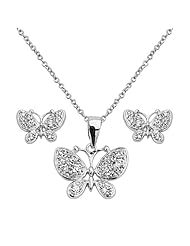 .925 Sterling Silver CZ Floating Butterfly Earrings and Matching Pendant-Necklace Set with 1.2mm Cable Rolo Chain - 16"+1" Inches Extension
