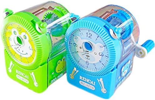 Rencai Clock Pencil Sharpener Hand Rotating Plastic Manual for School College - Stationery Cartoon Portable Sharpen Pencil Tool School Things (Green)
