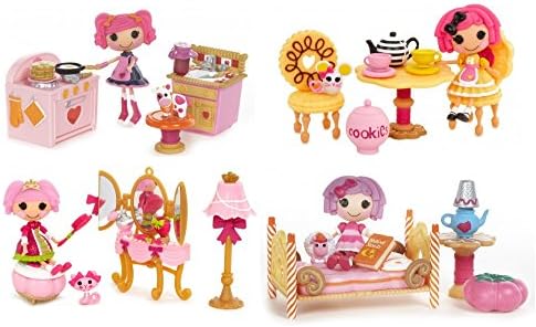 Complete Set of 4 Mini Lalaloopsy Playsets: Jewel's Primpin Party, Crumbs' Tea Party, Pillow's Sleepover Party, Berry's Kitchen