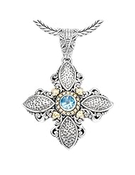 925 Silver & Blue Topaz Puffy Celtic Cross Pendant with 18k Gold Accents