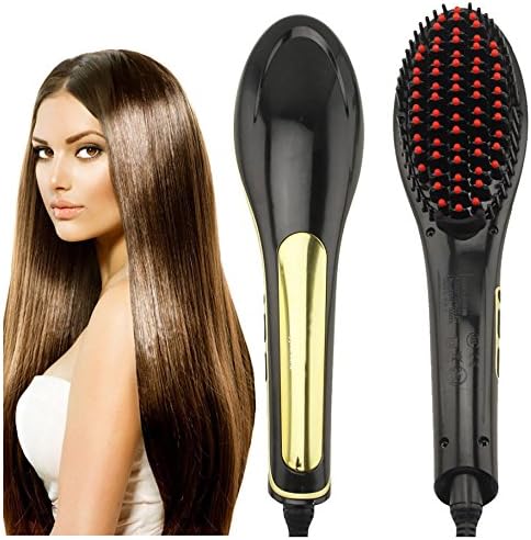 Wave Of Beauty LCD Hair Straightening Brush, LED Straightener Evenly Heated Professional Ceramic Iron Style Hairbrush, Detangles, Straightens and Massages in Just 30-60 Seconds. (Black/Gold+Red Tips)