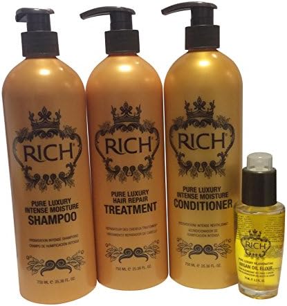 Rich Pure Bundle for Damage or Dry Hair: Luxury Intense Moisture Shampoo 25.36oz, Treatment25.36 Oz., Conditioner 25.36 Oz and Rich Argan Oil Elixir 2.3oz