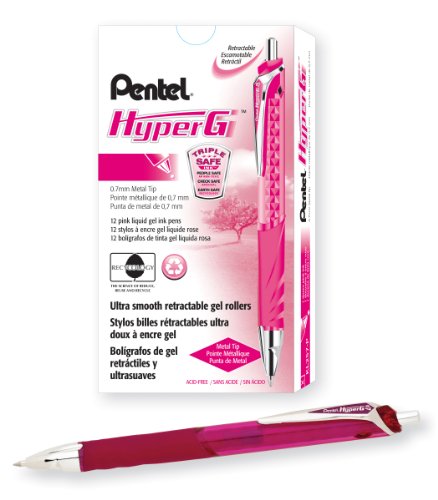 Pentel Hyper G Retractable Gel Roller Pen, Medium Line, Permanent Pink Ink, Box of 12 (KL257-P)