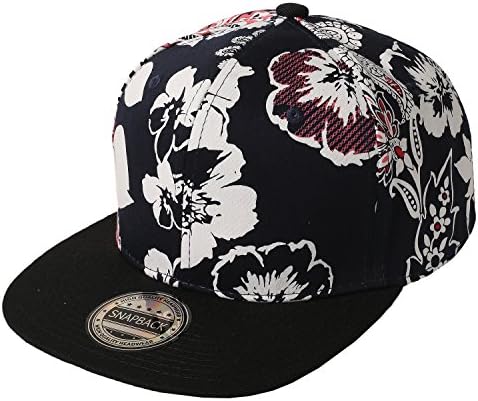 U1TO Hip-Hop Solid Brim Hibiscus Floral Snapback Hat Cap - BLACK WHITE RED