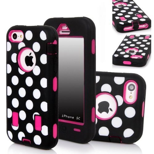 QIBOX Armor Hybrid Polka Dot Soft Silicone PC Hard Back Case Cover for Apple iPhone 5C - Black + White + Hot Pink