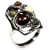 Baltic Multicolor Amber and Sterling Silver Designer Ring Sizes 5,6,7,8,9,10,11,12