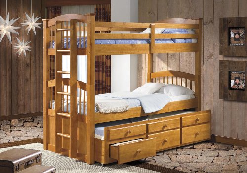 Casual Contemporary Solid Honey Pine Twin Bunk Bed With Storage Drawers and Trundle Bed