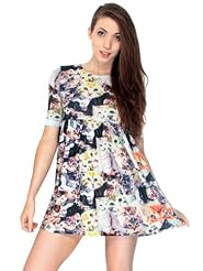 Cotton General Print Babydoll High-Neck Short Sleeves Empire   Waistline Pleated  Dress