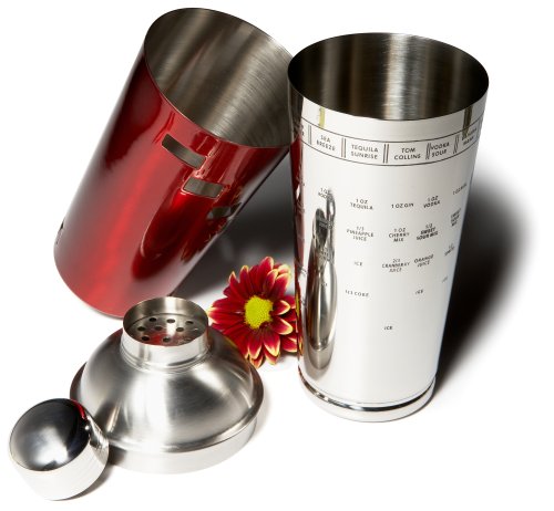 Recipe Cocktail Shaker, Red and Stainless Steel