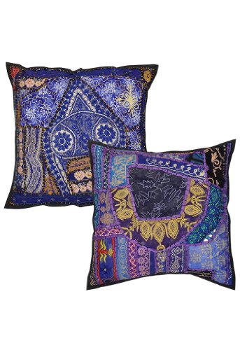 Imagen principal de Cubierta hecha a mano Cojín de algodón bordado conjunto con el trabajo Patch Tamaño 16 x 16 pulgadas Juego de 2 piezas