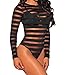 Shawhuwa Womens Sexy Sheer Mesh Striped Long Sleeve Bodysuit Tops S Black 7