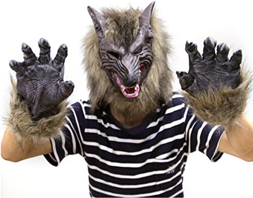 Latex Wolf Head Mask Cool Cosplay Halloween Party Ball Masquerade Prop, Creepy Fur Mane Gag Hat Skull Costumes Werewolf Mask with Werewolf Hands/ Wolfclaw Gloves