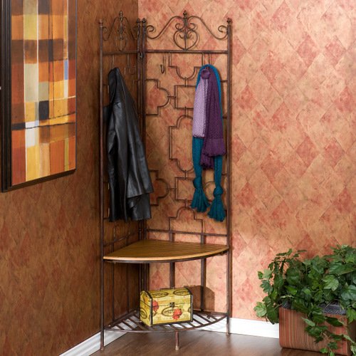 Entryway Corner Hall Tree with Wood Slat Seat in Copper Finish