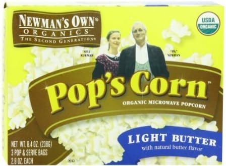 Newman's Own Organics Pop's Corn, Organic Microwave Popcorn, Light Butter, 3-Count, 8.4-Ounce Boxes (Pack of 12...