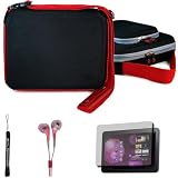 Black w/ Red Trim Ultimate Travel Organizer Hard Nylon Double Cover Carrying Cube Case For Samsung Galaxy Tab 10.1 inch Android Honeycomb Tablet (Compatible With All Version) + Includes a eBigValue (TM) Determination Hand Strap + Includes a Crystal Clear High Quality HD Noise Filter Ear buds Earphones Headphones ( 3.5mm Jack ) + Includes a Antil Glare Screen Protector