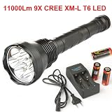 SecurityIng® 9X CREE XM-L T6 LED 11000Lm LED Flashlight Torch + 3X 26650 Battery + Charger