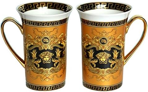 Amazing Porcelain Set of 2 Gold Black Amber Coffee Cups, Tea Mugs 12 Oz, Medusa Design Gold-plated Ornament