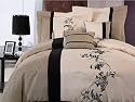 7 Pieces Luxury Brown, Cream Beige with Floral Linen Comforter Set / Bed-in-a-bag California-cal King Size Bedding