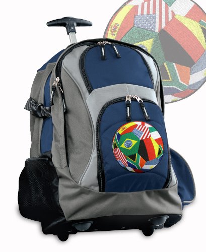 World Soccer Ball Rolling Backpack Deluxe Navy International Flags Soccer - Backpacks Bags with Wheels or School Trolley Carry-On Suitcase Bags - Unique Gifts