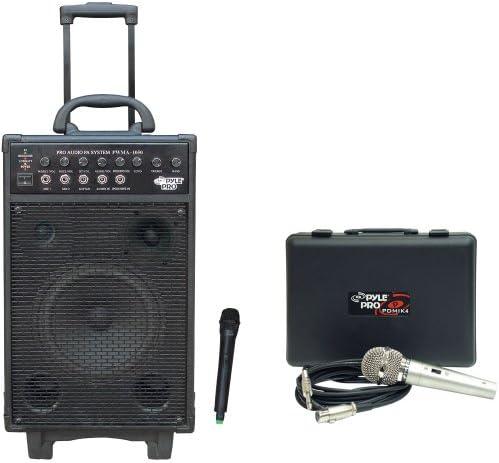 Pyle Speaker and Mic System Package - PWMA1050 800 Watt VHF Wireless Battery Powered Pa System W/Echo/Ipod/MP3 Input Jack - PDMIK4 Dynamic Microphone with Carry Case