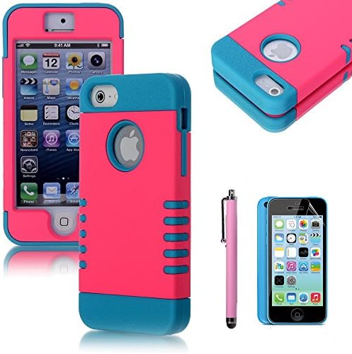 UCASE Deluxe 3-Piece Hybrid High Impact Soft Silicone + Hard PC Armor Defender Case Cover for Apple iPhone 5C 5 5S with Screen Protector &amp; Stylus (Pink+Light Blue)
