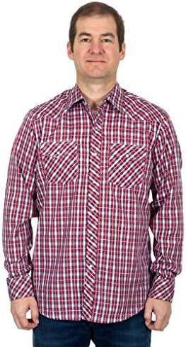 Mens Western Long Sleeve Pearl Snap Plaid Shirt (Large, Red-White)