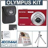 cheap Olympus FE-360 Digital Camera Kit, Red with 2 GB xD Picture Memory Card, Spare LI-42B Type Lithium-ion Battery, Camera Bag, Table Top Tripod, EZ Digital Photography Guide Card